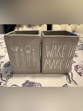 Rae Dunn Grey Ceramic Makeup/ Brush Holder with White Lettering